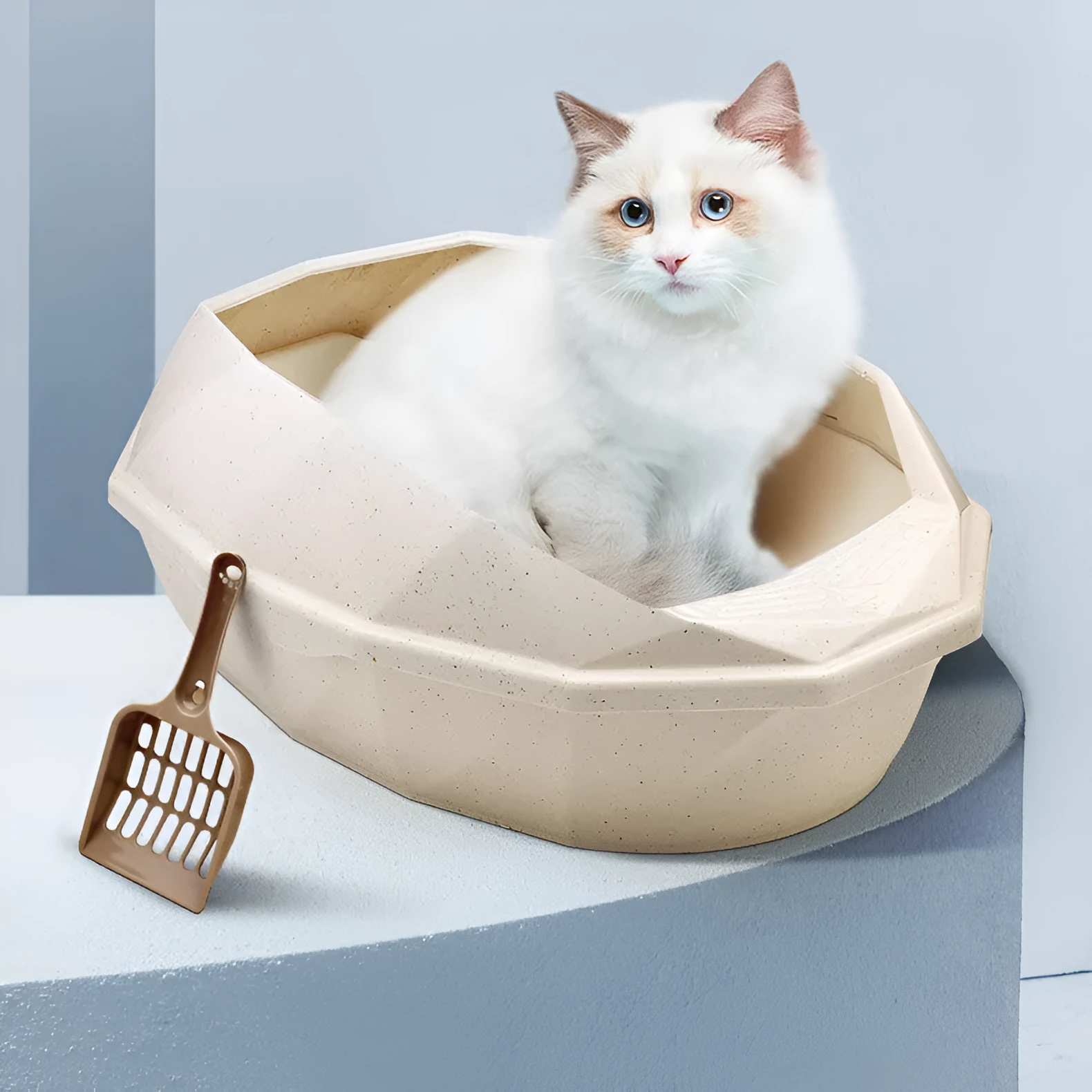 Plastic anti-sputtering diamond-shaped semi-enclosed cat litter box in blue with shovel 38x27x14cm