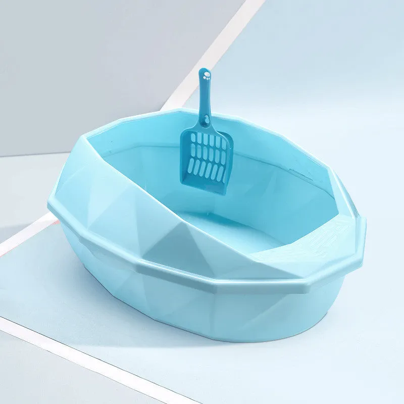 Plastic anti-sputtering diamond-shaped semi-enclosed cat litter box in blue with shovel 38x27x14cm