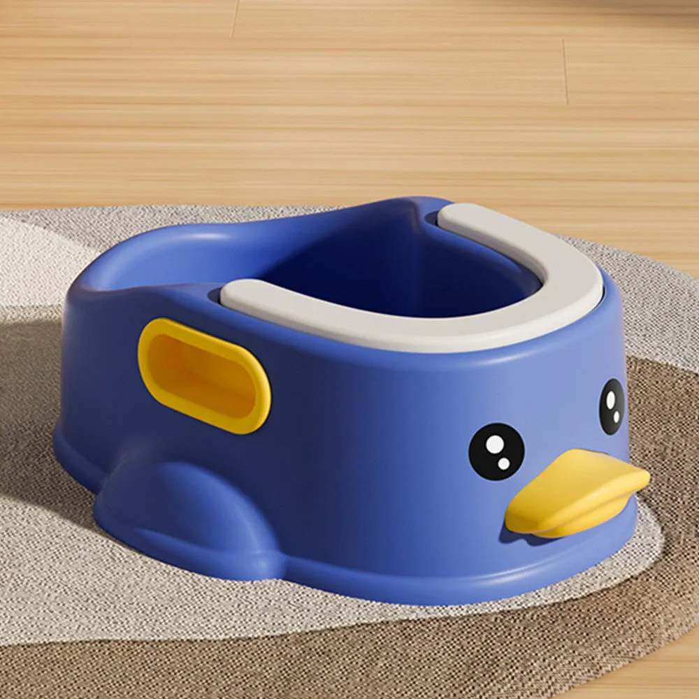 Blue PVC duck-shaped bathtub for washing small dogs and cats on a bathroom floor.