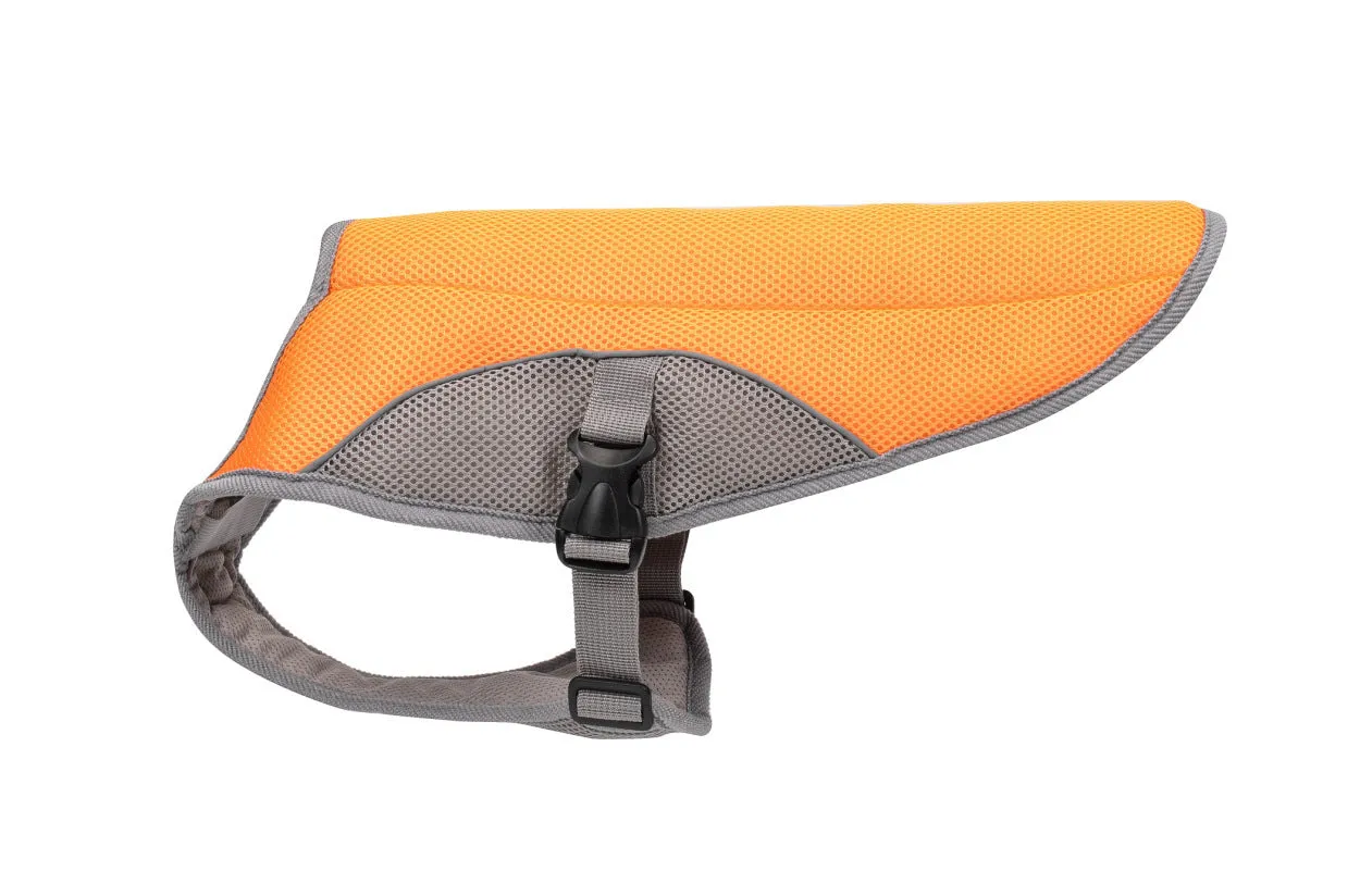 Dog cooling vest in orange polyester with adjustable straps for summer outdoor use