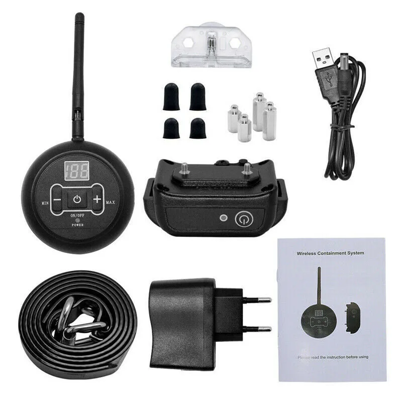 Wireless pet fence transmitter and receiver collar with ABS plastic and TPU construction, IP67 waterproof rating, 150 metre range.