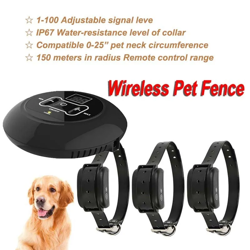 Wireless pet fence transmitter and receiver collar with ABS plastic and TPU construction, IP67 waterproof rating, 150 metre range.