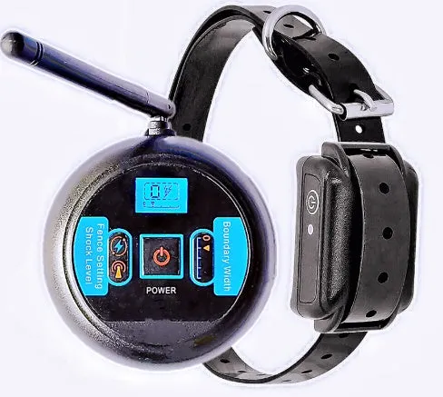 Wireless pet fence transmitter and receiver collar with ABS plastic and TPU construction, IP67 waterproof rating, 150 metre range.