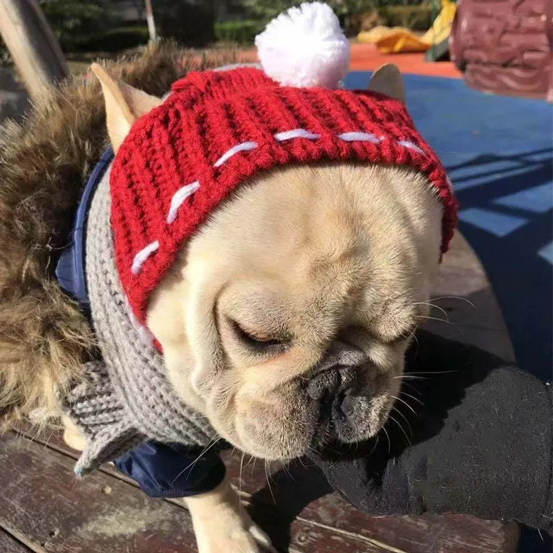 Grey 100% cotton knitted winter hat for small female dogs