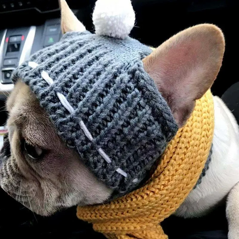 Grey 100% cotton knitted winter hat for small female dogs