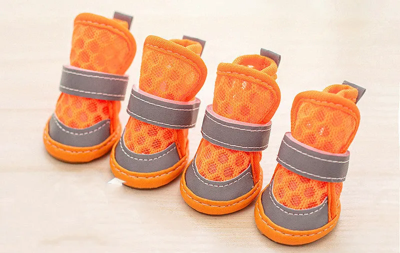 Set of four small dog rubber shoes in blue, red, orange, green for non-slip paw protection