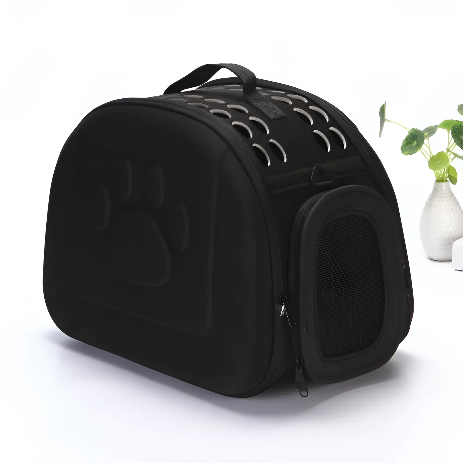 Collapsible EVA pet carrier bag in medium size, pink colour, folded flat with two zippers