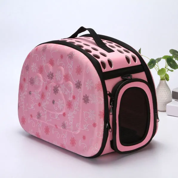 Collapsible EVA pet carrier bag in medium size, pink colour, folded flat with two zippers