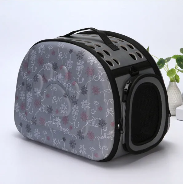 Collapsible EVA pet carrier bag in medium size, pink colour, folded flat with two zippers