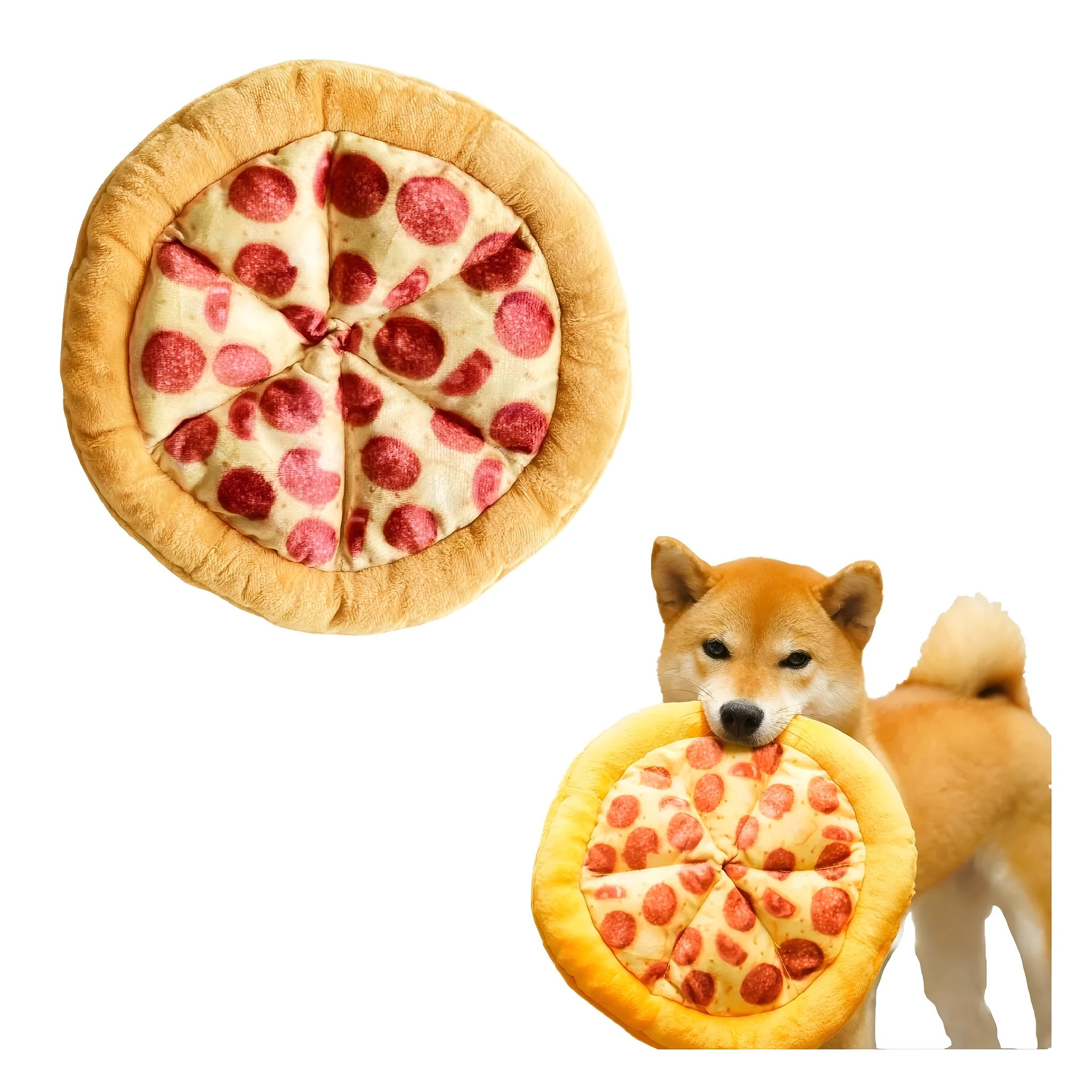 Yellow rubber pizza-shaped dog chew toy with squeaker for interactive play.
