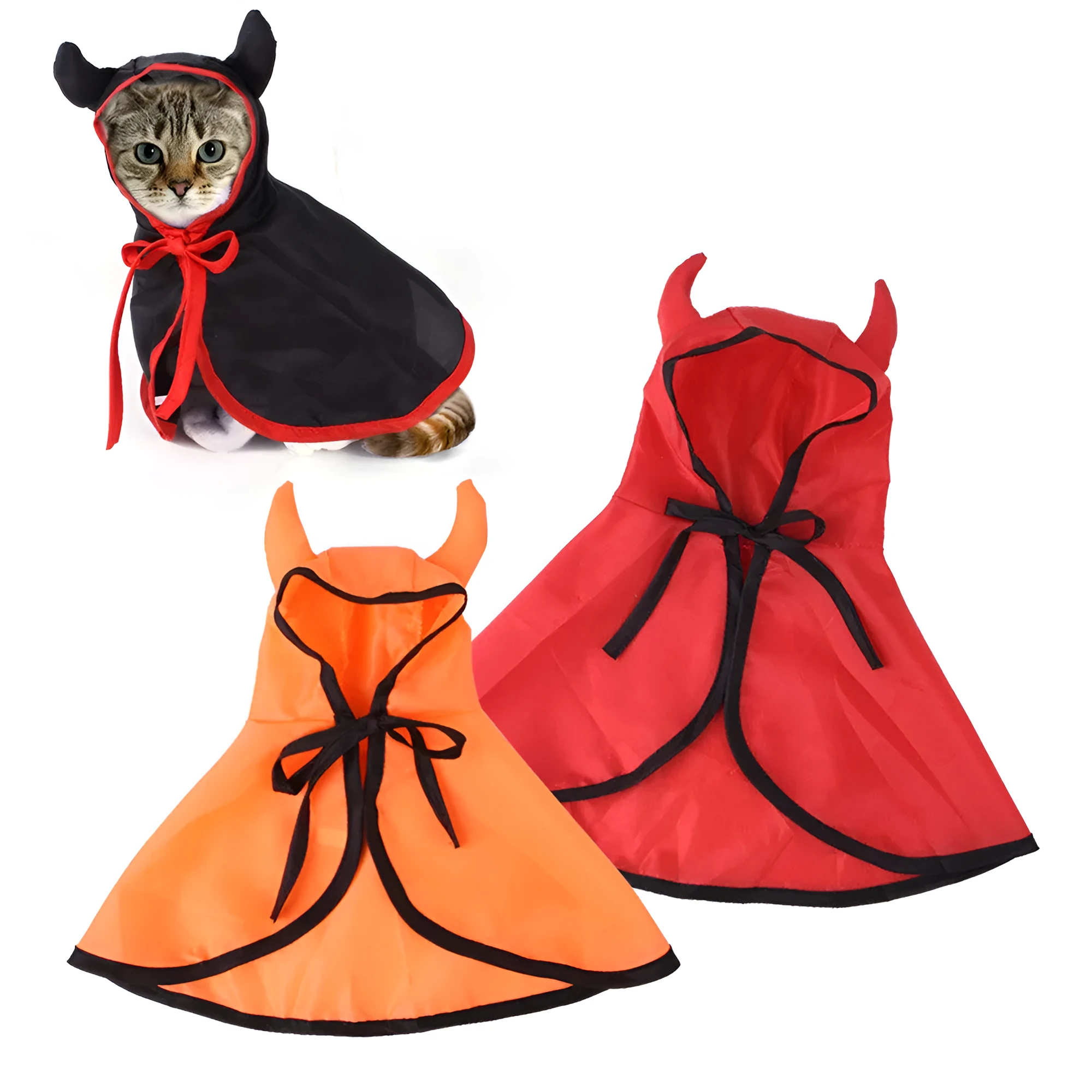 Red polyester Halloween pet horn cloak cape on a cat with hood and horns
