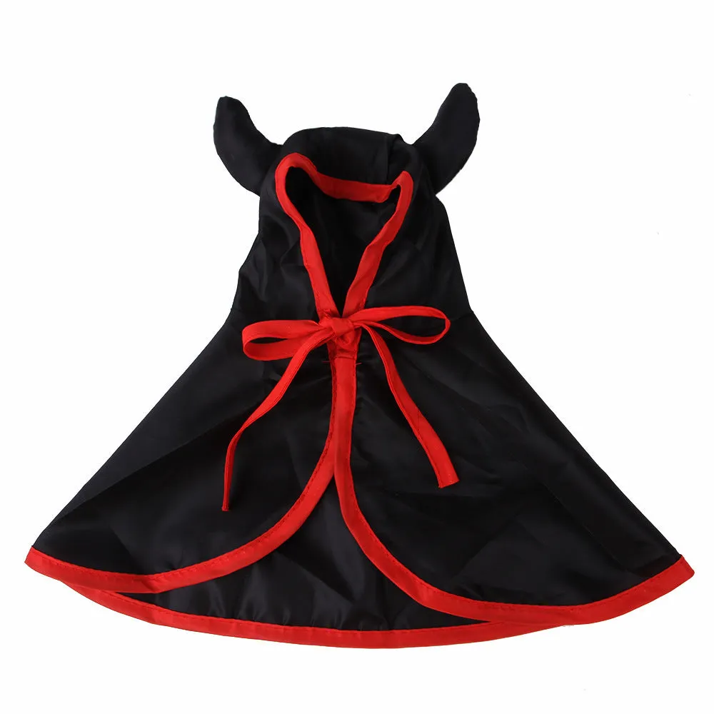 Red polyester Halloween pet horn cloak cape on a cat with hood and horns