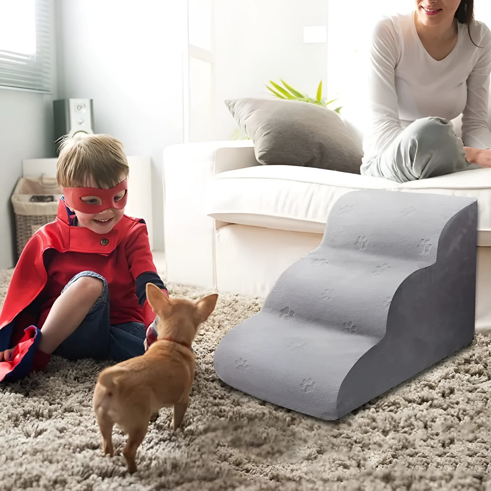 Pet step dog ladder bed non-slip stairs removable washable small three-level 58x31x28cm in grey pineapple lattice