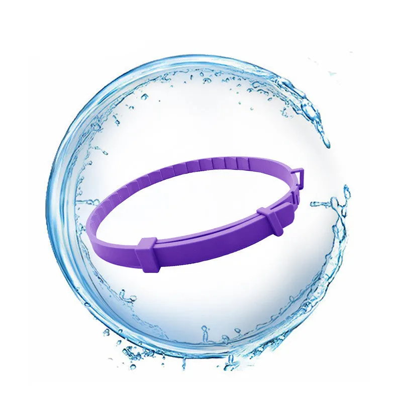 Purple cat calming collar with adjustable strap and leather case on white background
