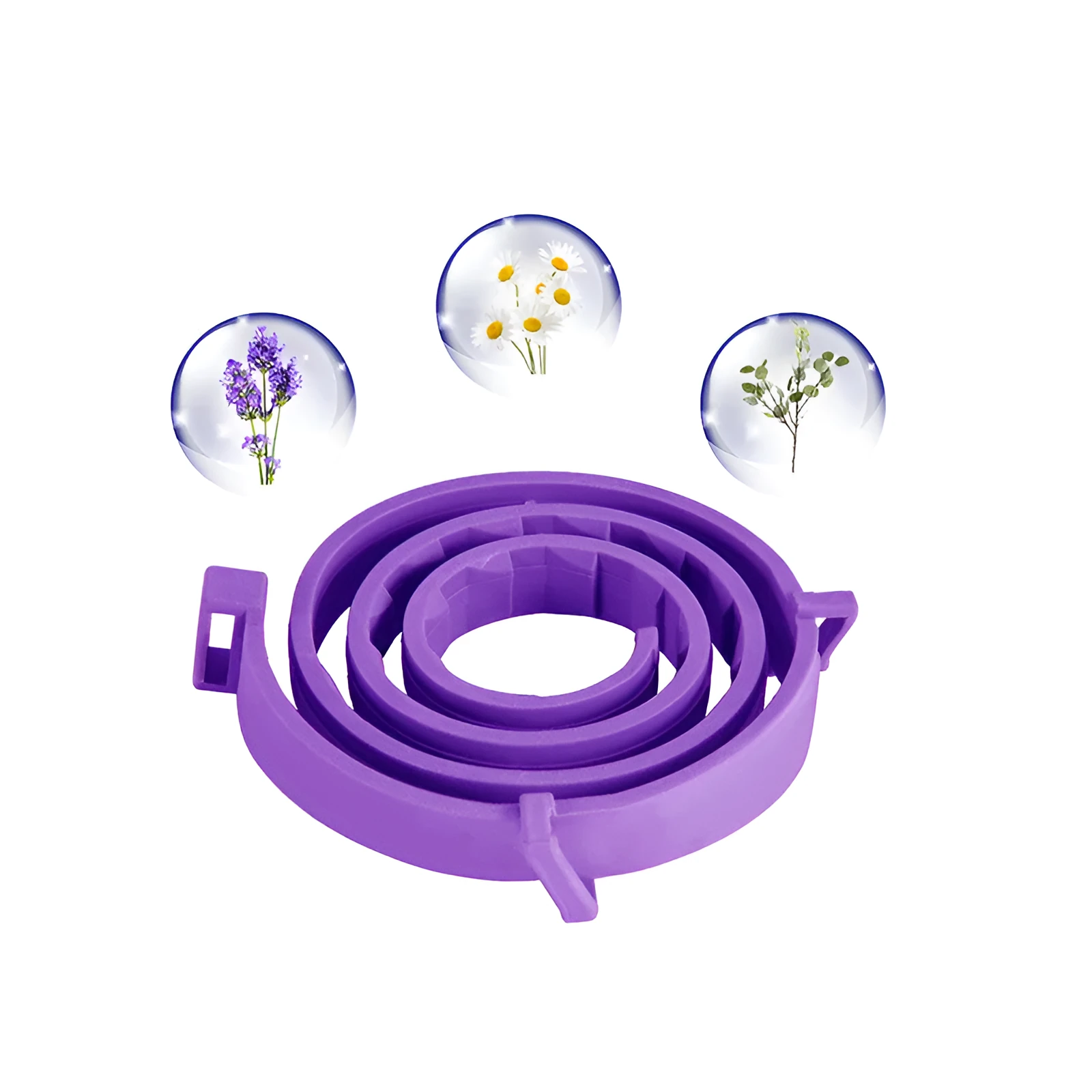 Purple cat calming collar with adjustable strap and leather case on white background