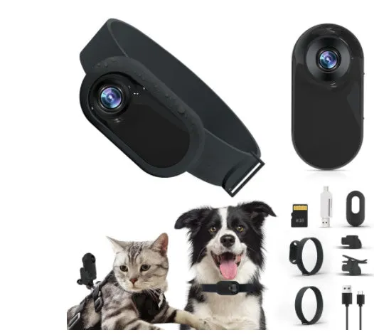 Black silicone pet collar camera for wireless recording on cats and dogs, USB charging.