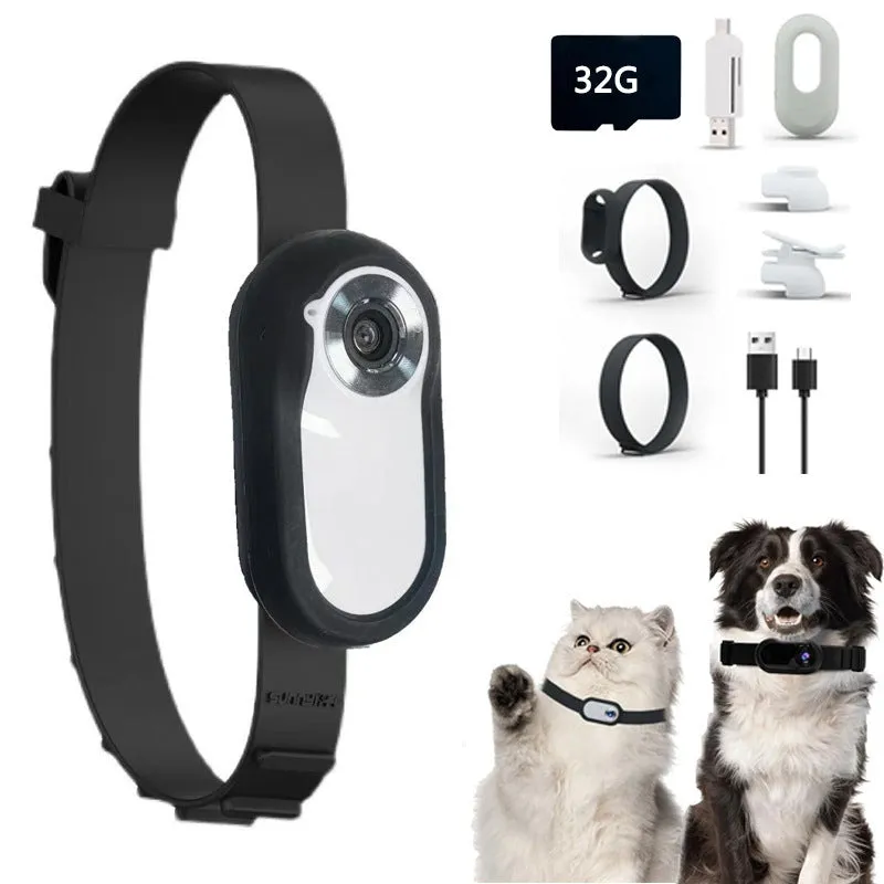 Black silicone pet collar camera for wireless recording on cats and dogs, USB charging.