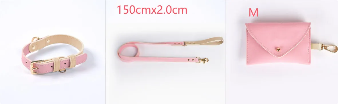 Leather dog leash and collar set with metal hardware in blue, green, pink, and purple options
