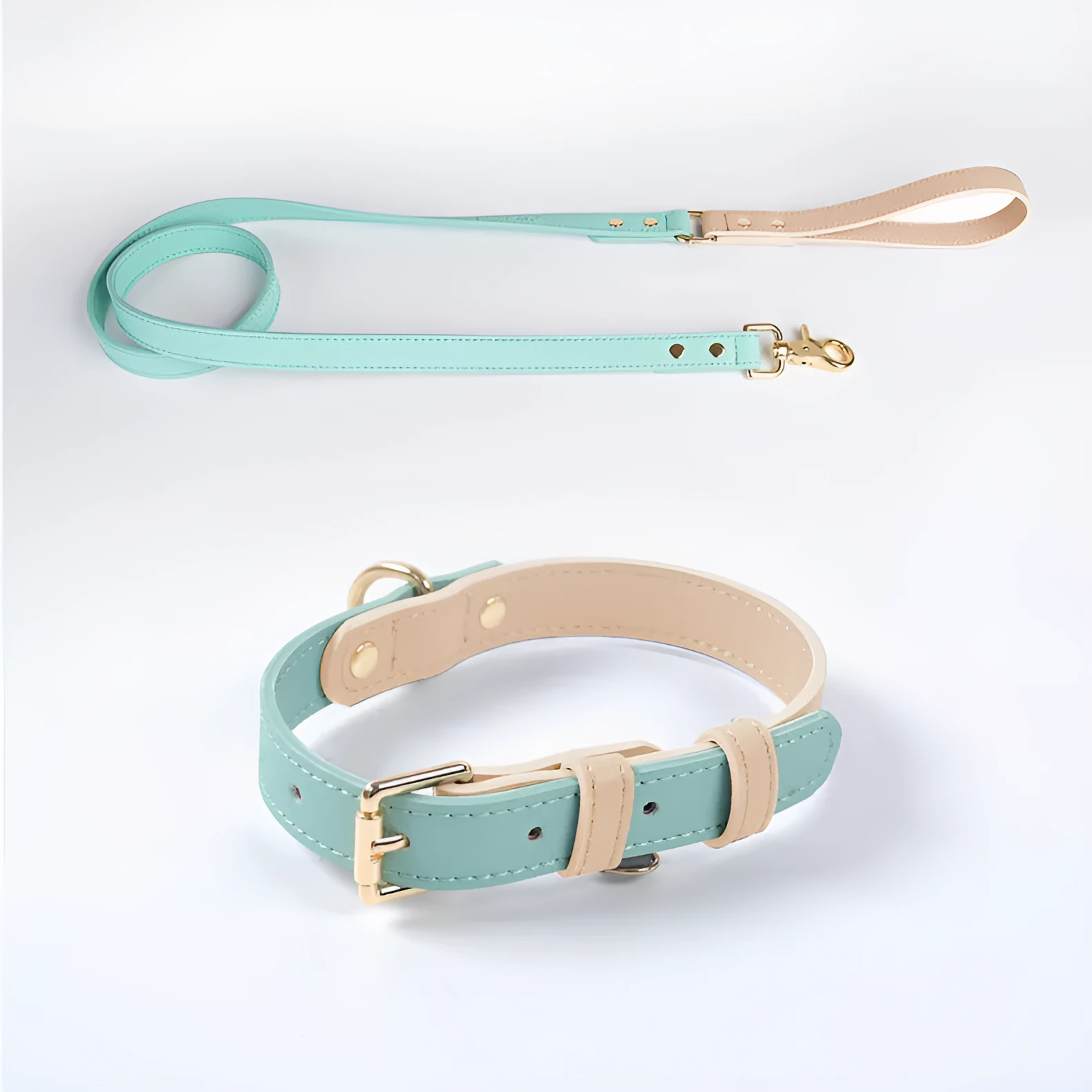 Leather dog leash and collar set with metal hardware in blue, green, pink, and purple options
