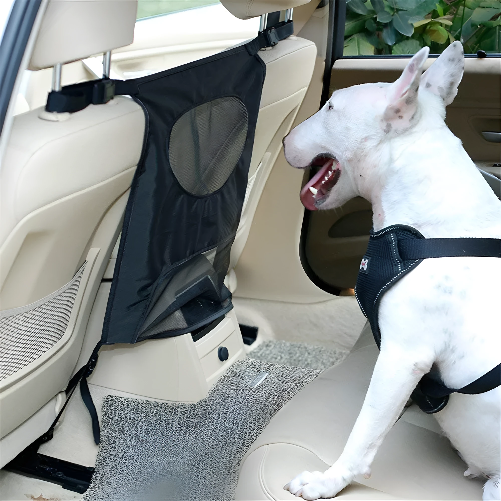 Pet car fence rear seat screen in black, made from nylon cloth and PVC net, 54x49cm size
