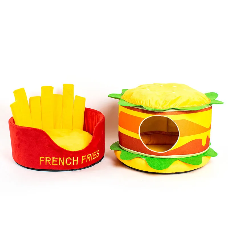 Crystal super soft velvet cat bed in French fries design with reversible cushion, 44x8.5x44cm