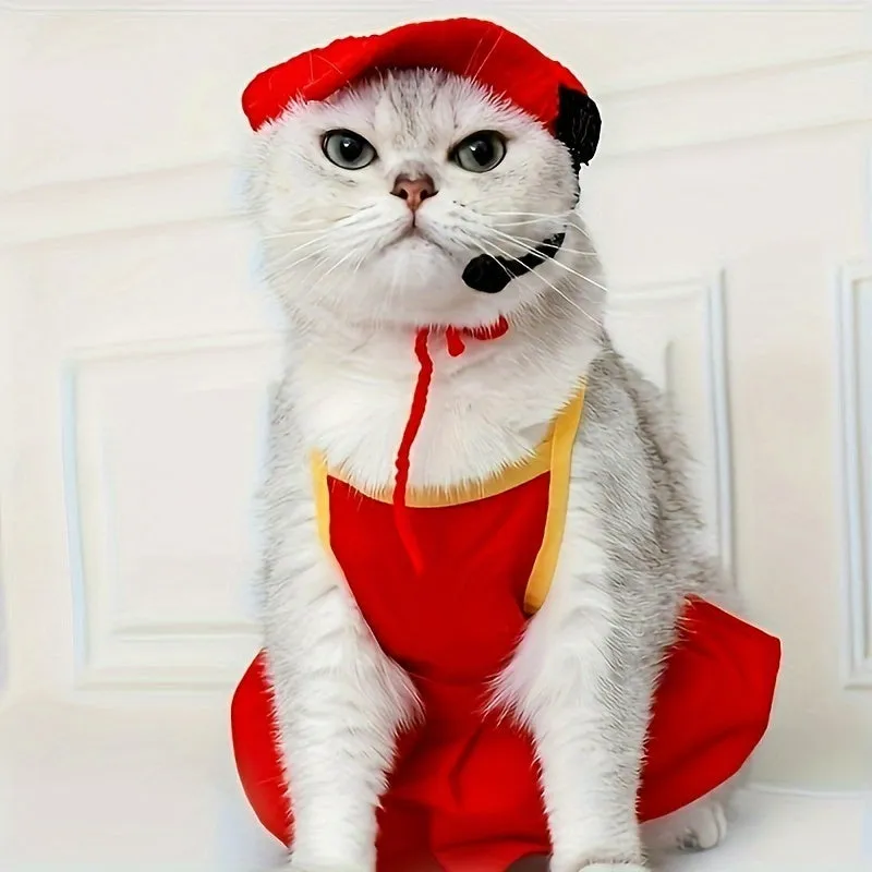 Handmade cotton chef hat and knitted sweater set for pet birthday celebrations on small dog