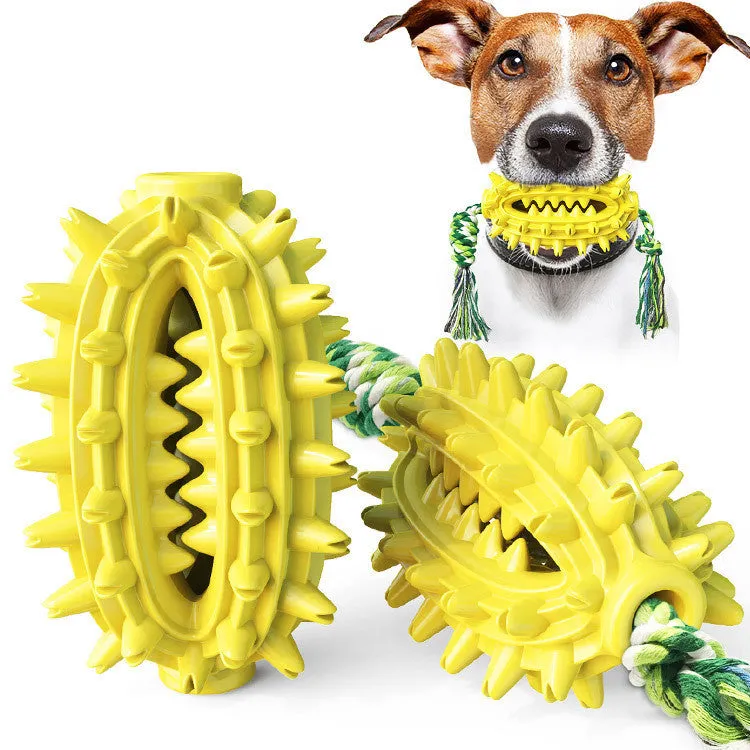TPR cactus dog chew toy with rope in green, lake blue and yellow colours