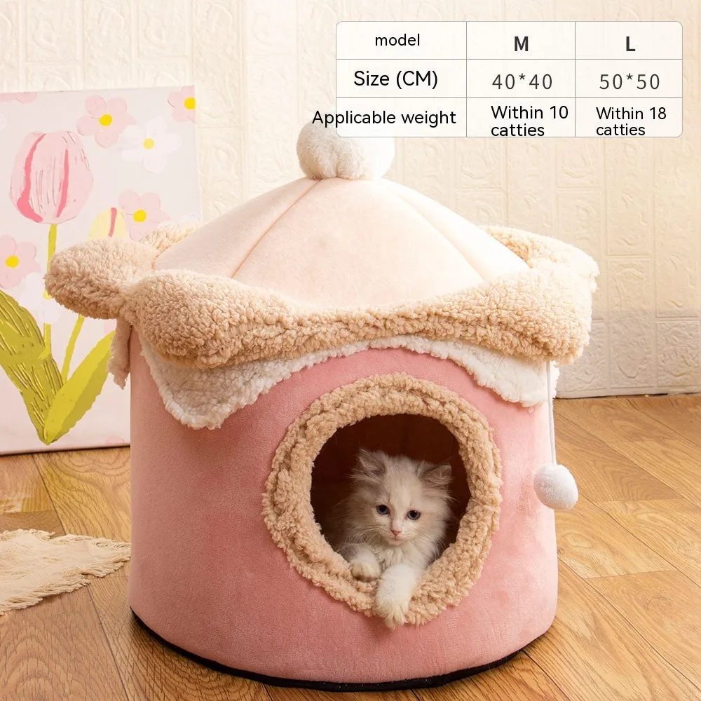 Ice cream house shaped dog pet house in pink with crystal velvet and pulled plush, M size 40×40 cm