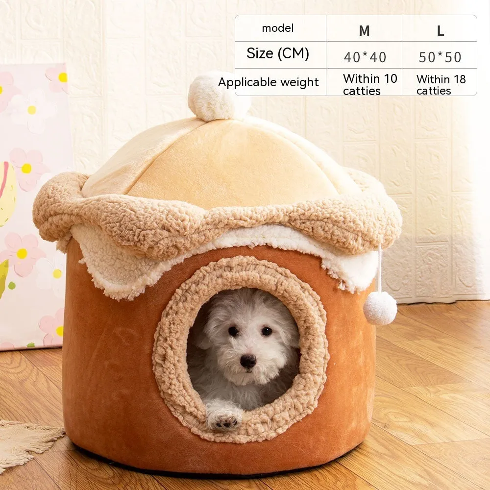 Ice cream house shaped dog pet house in pink with crystal velvet and pulled plush, M size 40×40 cm