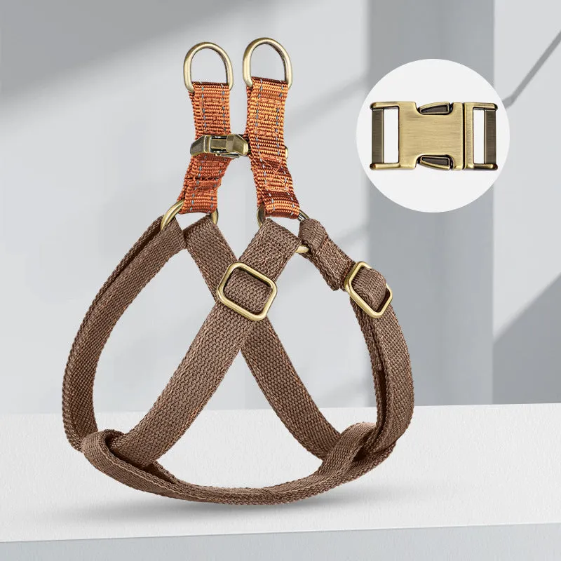 Vest style dog leash harness in brown colour with adjustable straps and alloy fasteners
