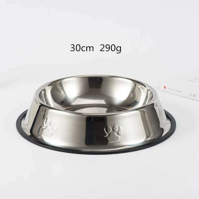 Stainless steel dog bowl with footprint pattern, available in sizes from 15cm to 34cm diameter