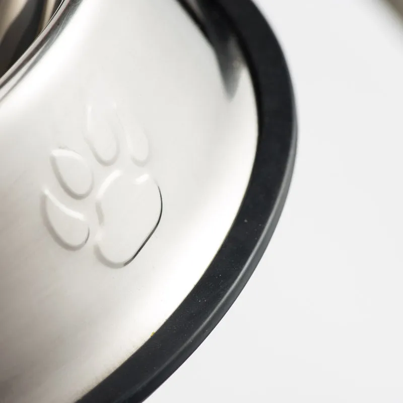Stainless steel dog bowl with footprint pattern, available in sizes from 15cm to 34cm diameter
