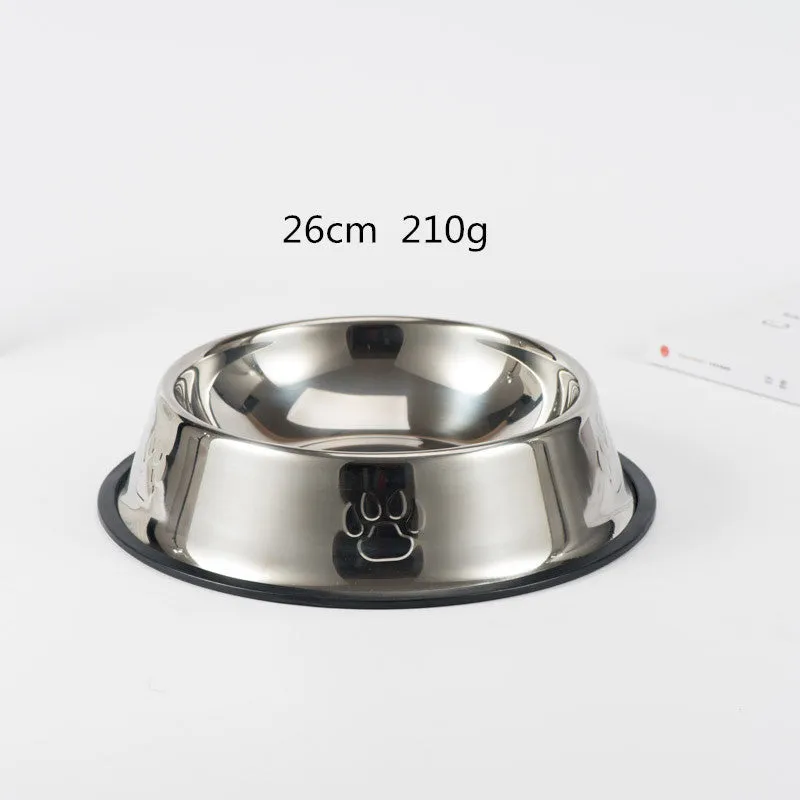 Stainless steel dog bowl with footprint pattern, available in sizes from 15cm to 34cm diameter