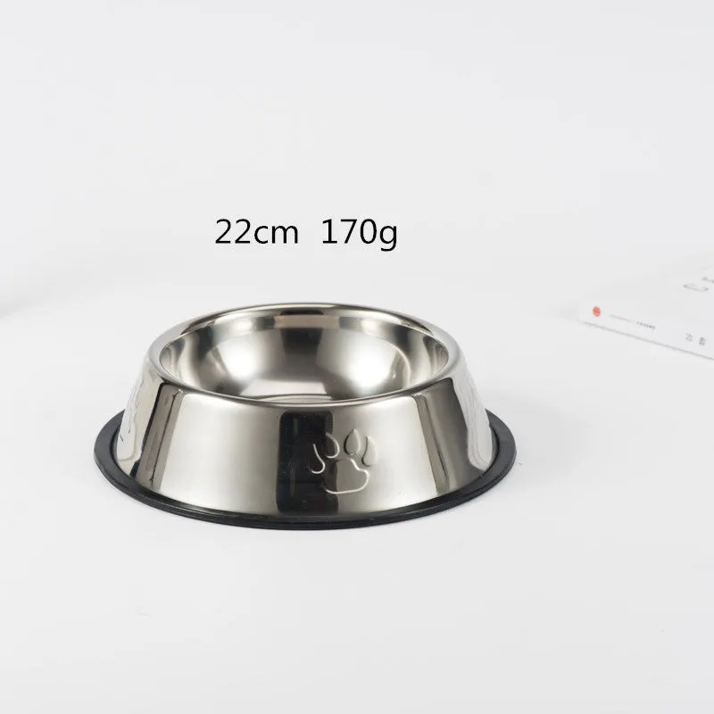 Stainless steel dog bowl with footprint pattern, available in sizes from 15cm to 34cm diameter