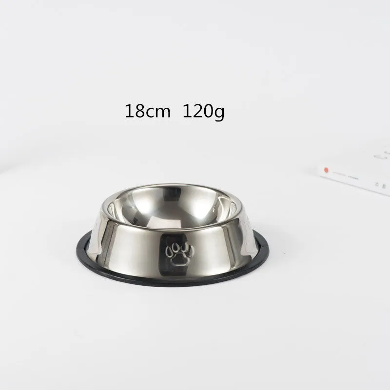 Stainless steel dog bowl with footprint pattern, available in sizes from 15cm to 34cm diameter