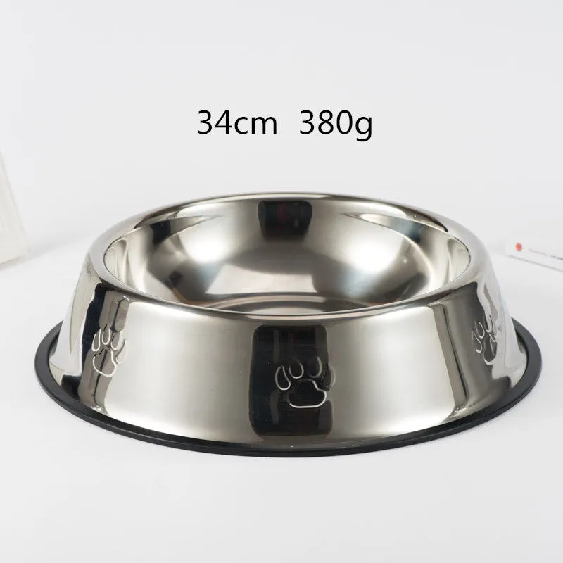 Stainless steel dog bowl with footprint pattern, available in sizes from 15cm to 34cm diameter