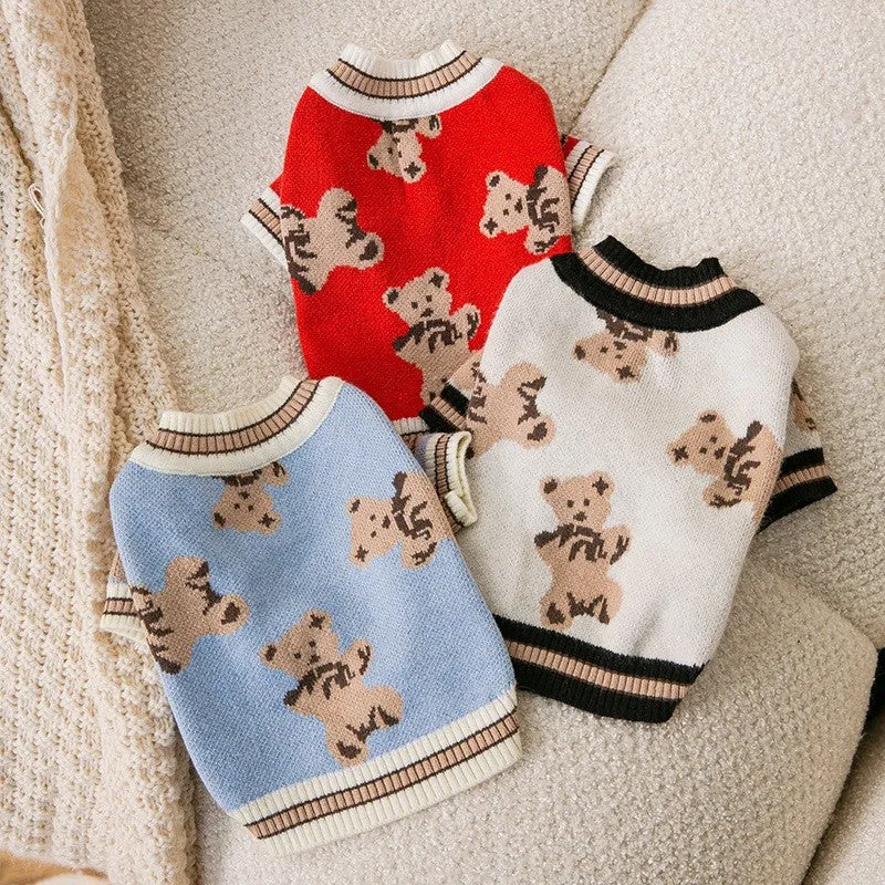 Dog striped knitted sweater cardigan in beige full print bear design on a small dog