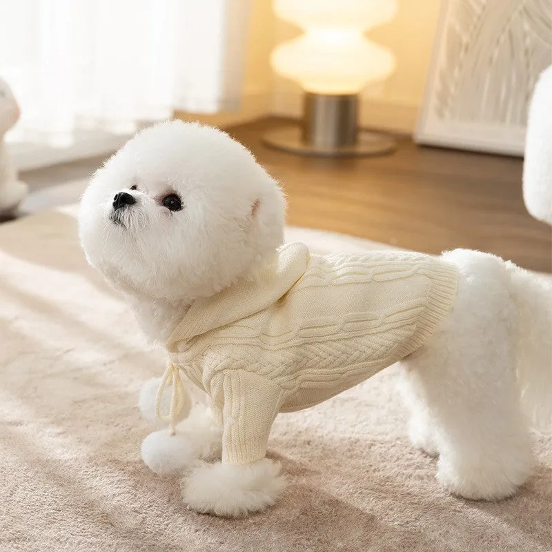 Dog striped knitted sweater cardigan in beige full print bear design on a small dog