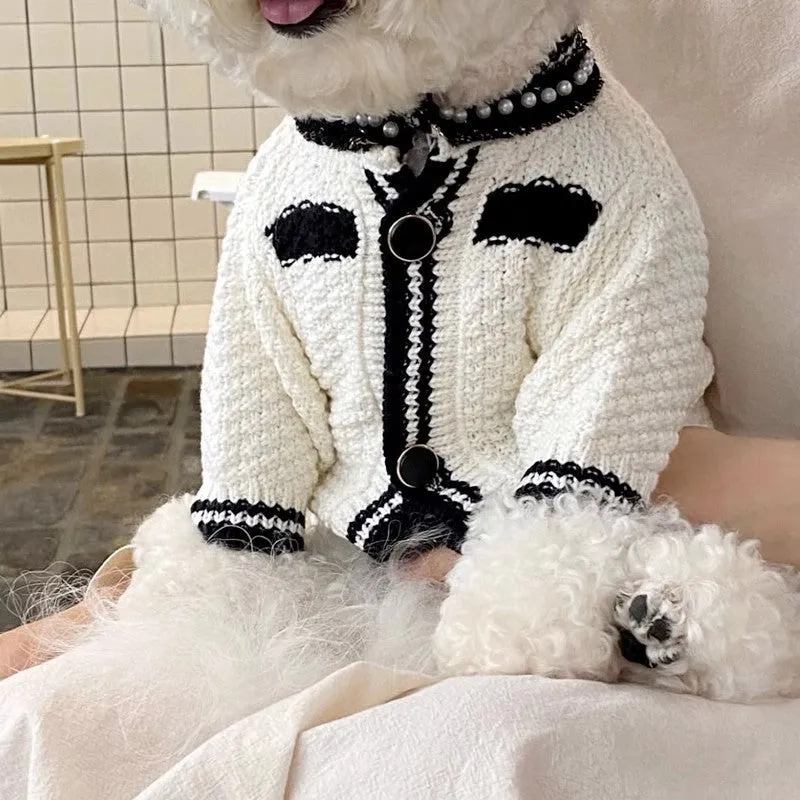 Dog striped knitted sweater cardigan in beige full print bear design on a small dog