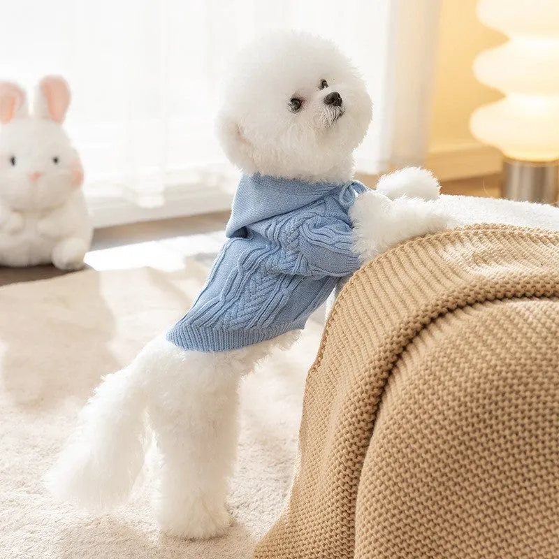 Dog striped knitted sweater cardigan in beige full print bear design on a small dog