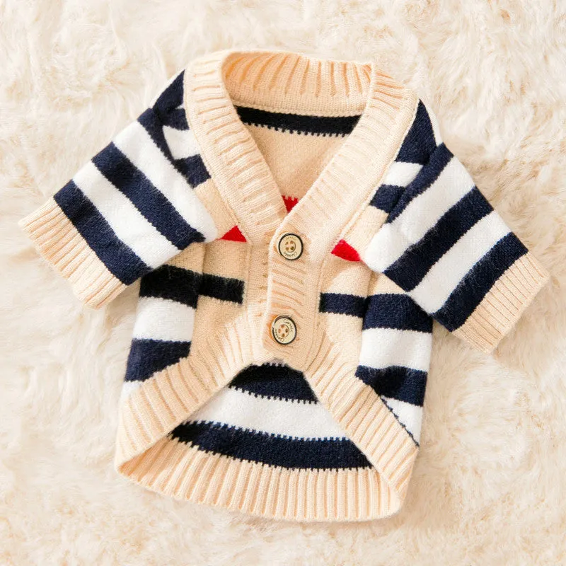 Dog striped knitted sweater cardigan in beige full print bear design on a small dog