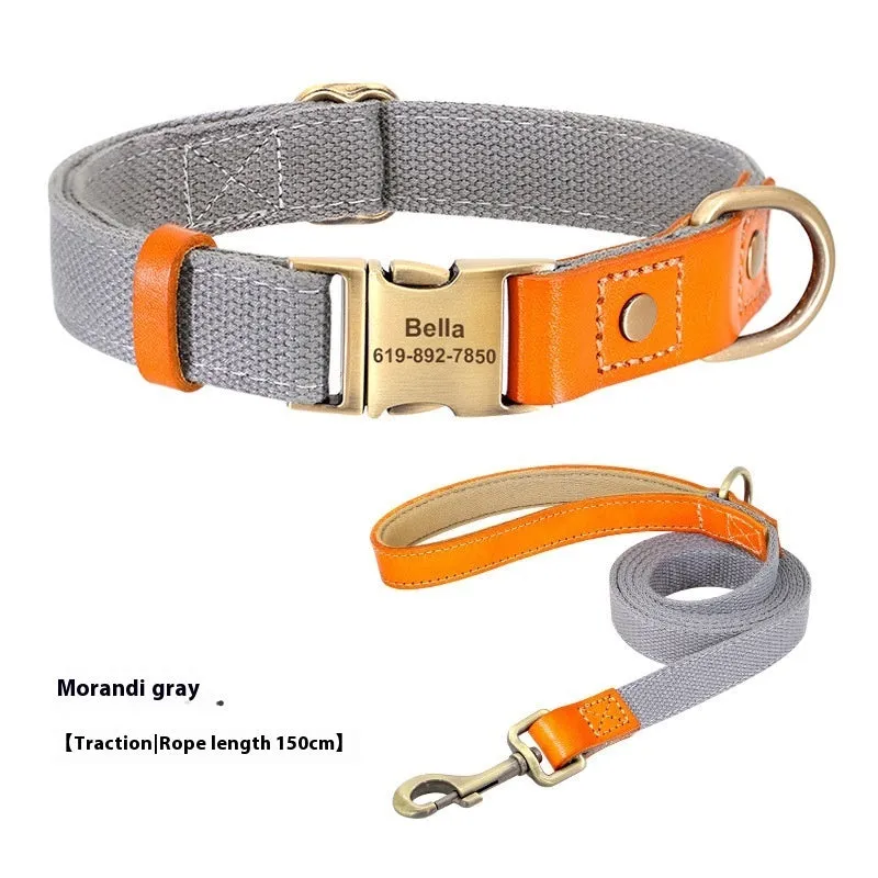 Small dog mohair collar and matching traction rope set in green, showing neck ring with lettering.