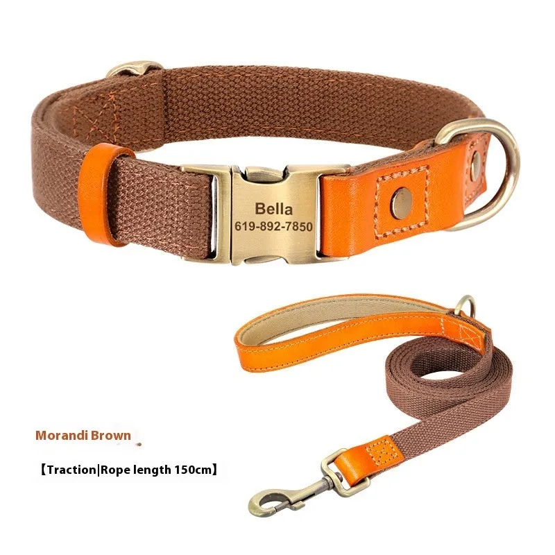 Small dog mohair collar and matching traction rope set in green, showing neck ring with lettering.
