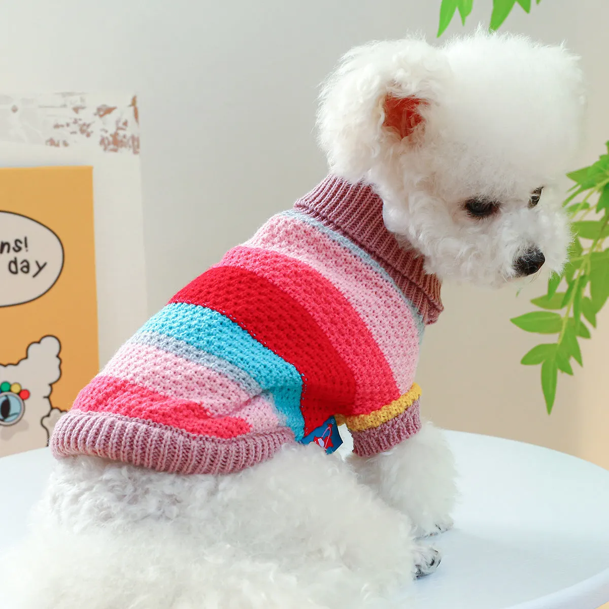 Colourful striped acrylic pet sweater for dogs and cats, five sizes XS to XL