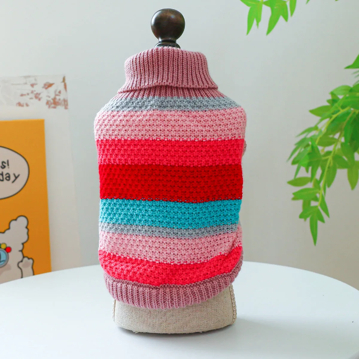 Colourful striped acrylic pet sweater for dogs and cats, five sizes XS to XL