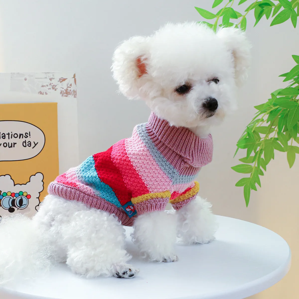 Colourful striped acrylic pet sweater for dogs and cats, five sizes XS to XL