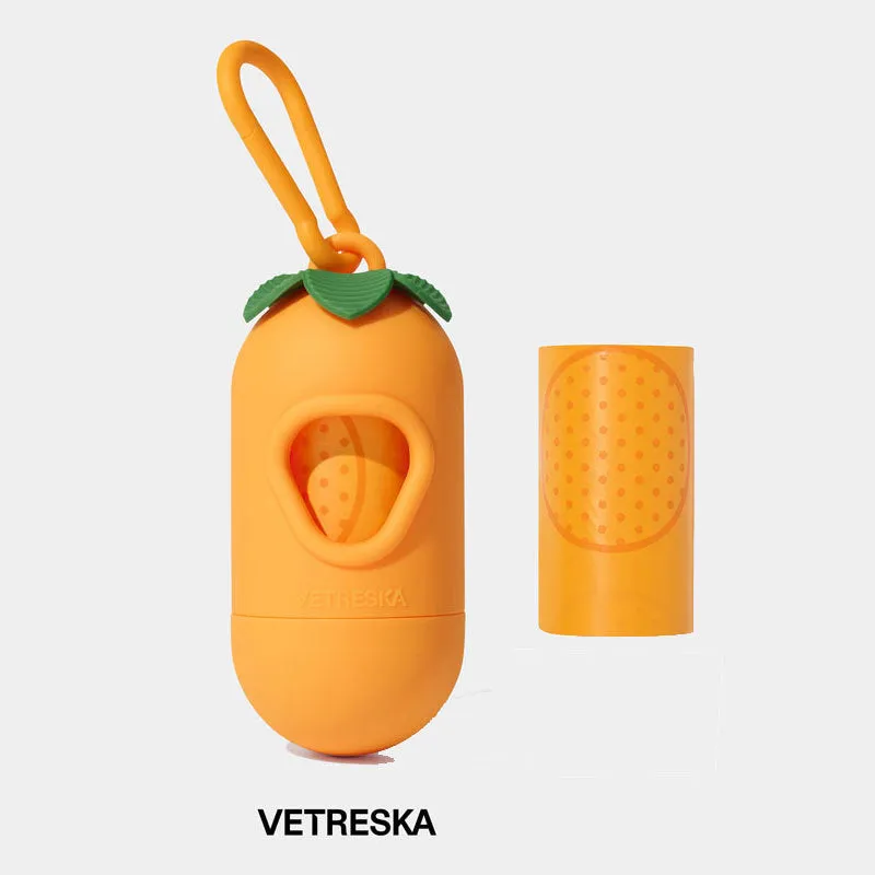 Portable dog poop bag capsule with scented inner bags in strawberry, orange, and cherry blossom styles.