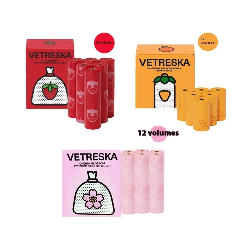 Portable dog poop bag capsule with scented inner bags in strawberry, orange, and cherry blossom styles.