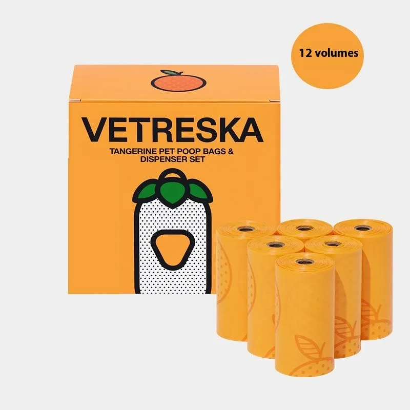 Portable dog poop bag capsule with scented inner bags in strawberry, orange, and cherry blossom styles.