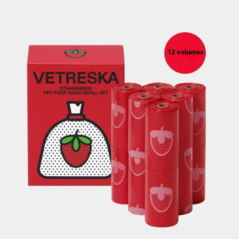 Portable dog poop bag capsule with scented inner bags in strawberry, orange, and cherry blossom styles.